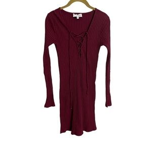 Kendall + Kylie Burgundy Ribbed Tie Neckline Bodycon Dress Small